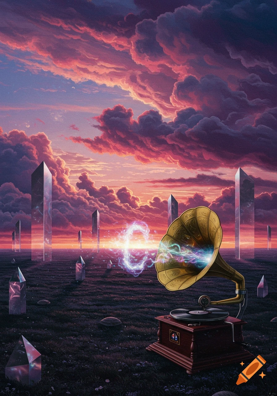 A vintage gramophone emits glowing energy towards a mystical ring portal in a vast, dark field surrounded by reflective pillars under a dramatic pink and purple sunset sky.