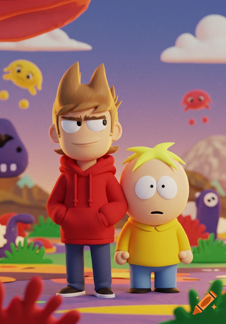 3D animated cartoon of Tord from Eddsworld and Butters from South Park standing side-by-side in a colorful, whimsical landscape.