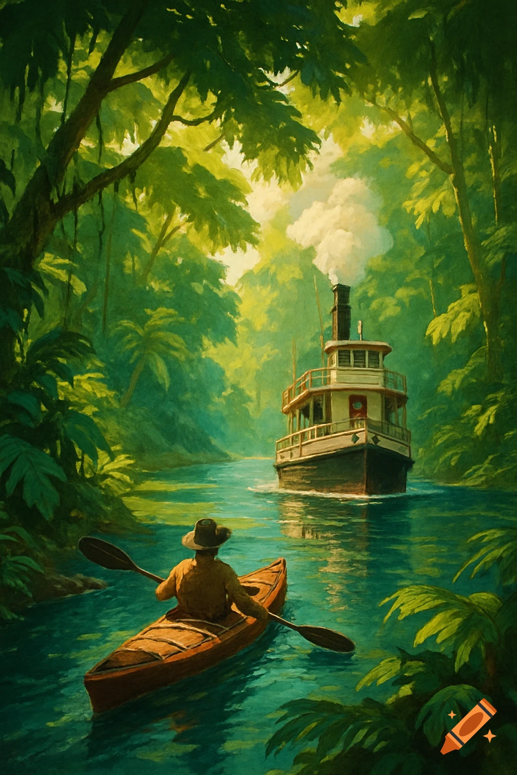 A person in a kayak paddles on a jungle river, passing a large steamboat in a painterly style.