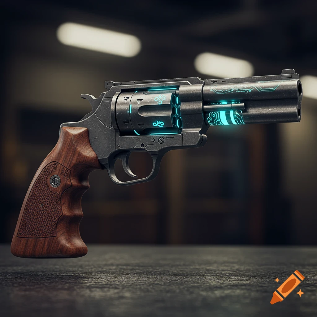 A close-up, photorealistic image of a futuristic revolver with a dark grey metallic body, a wooden handle, and glowing cyan circuit patterns on the barrel and cylinder, resting on a dark surface.