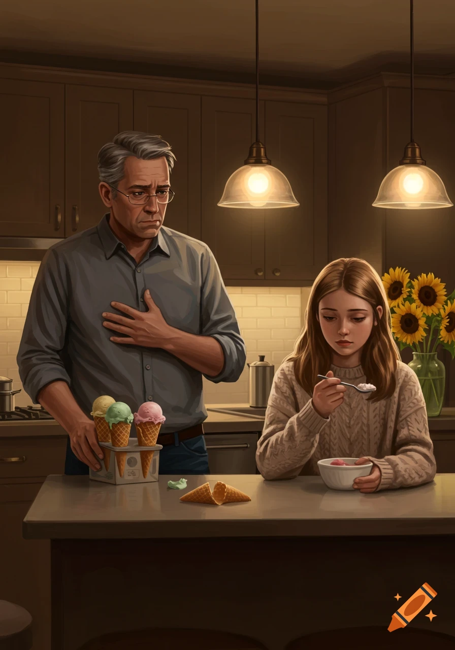 A sad man with ice cream cones standing behind a sad girl eating ice cream from a bowl in a kitchen.