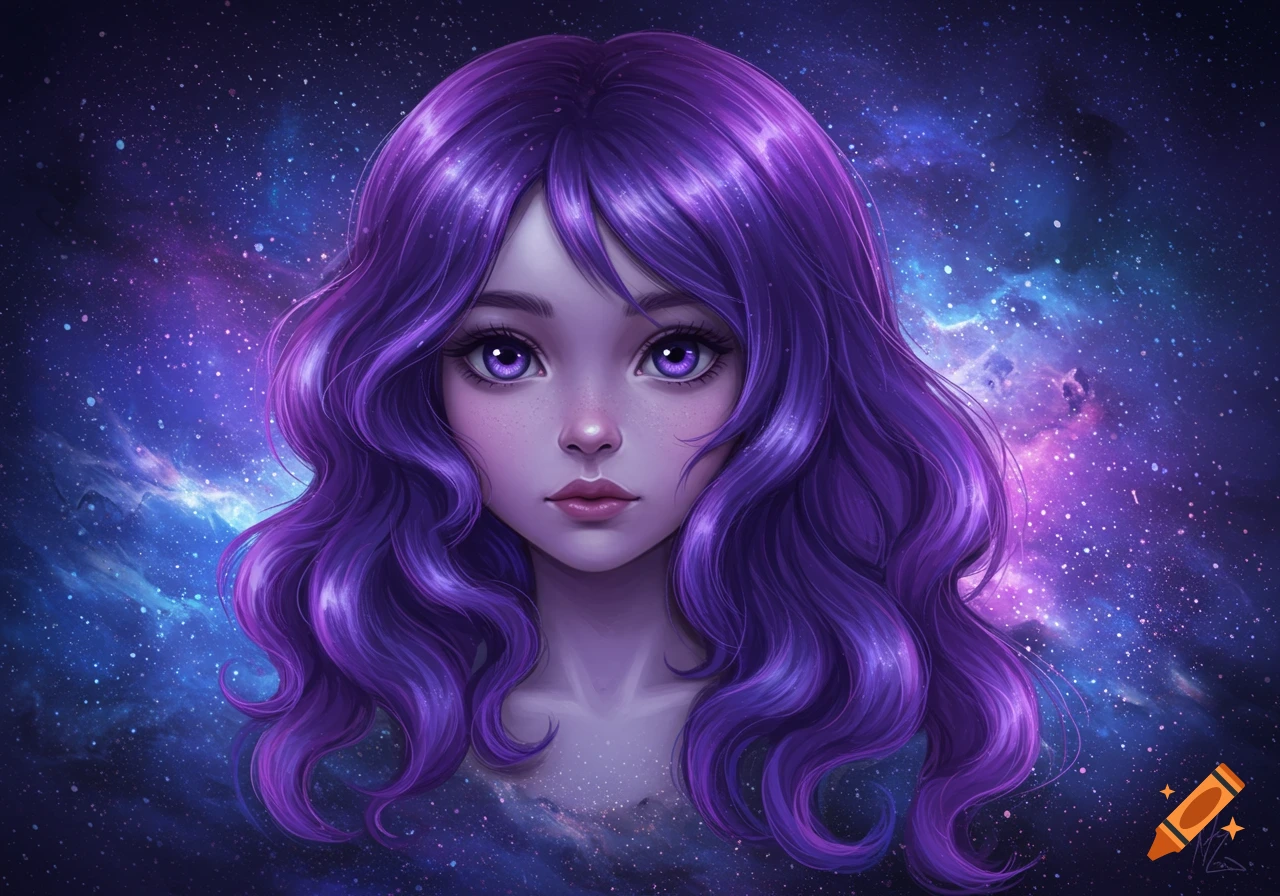 Digital art portrait of a girl with long, wavy purple hair and purple eyes against a starry galaxy background.