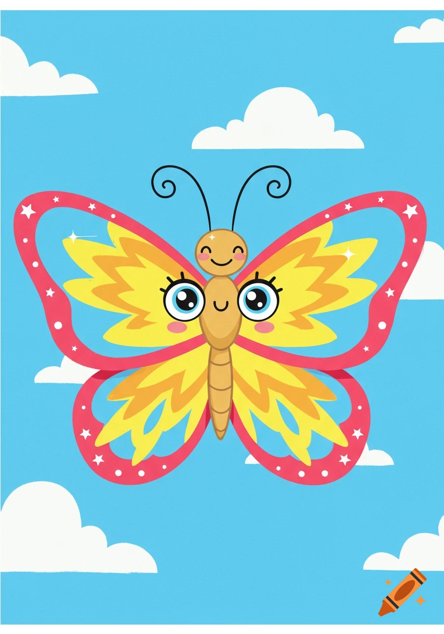 A cute cartoon butterfly with yellow and orange wings, pink borders with stars, and large blue eyes, flying in a blue sky with white clouds.