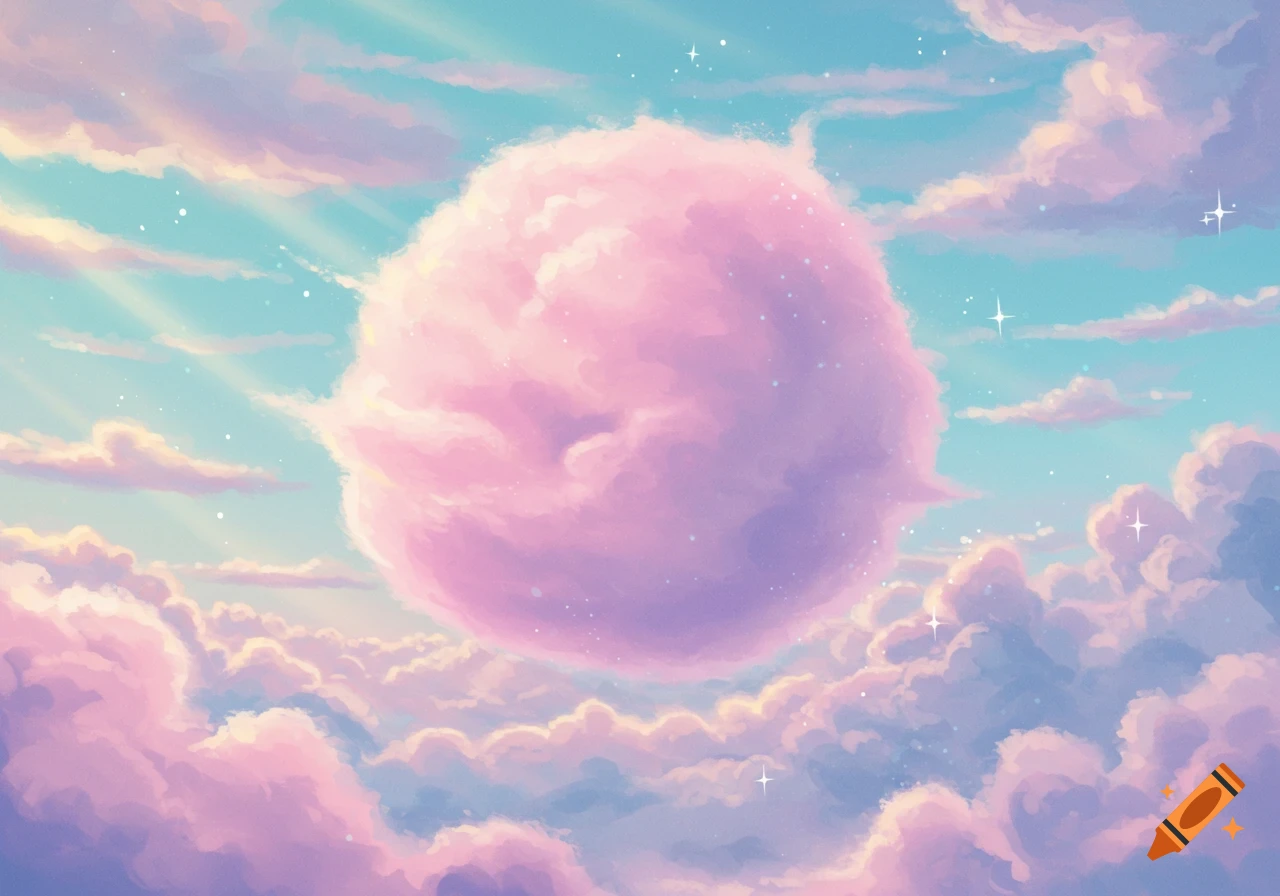 A large, round pink and purple cloud floats in a pastel blue sky with smaller clouds and sparkling lights. Painted, dreamlike style.