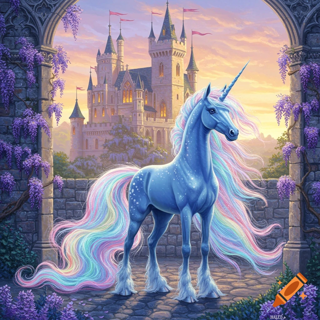 A majestic blue unicorn with a rainbow mane and tail stands on a stone path, framed by wisteria, with a fantasy castle in the background.