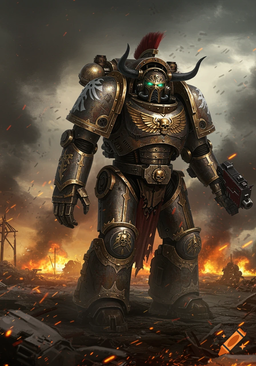 A heavily armored Space Marine in ornate gold and black power armor with green glowing eyes stands on a fiery battlefield, holding a gun.