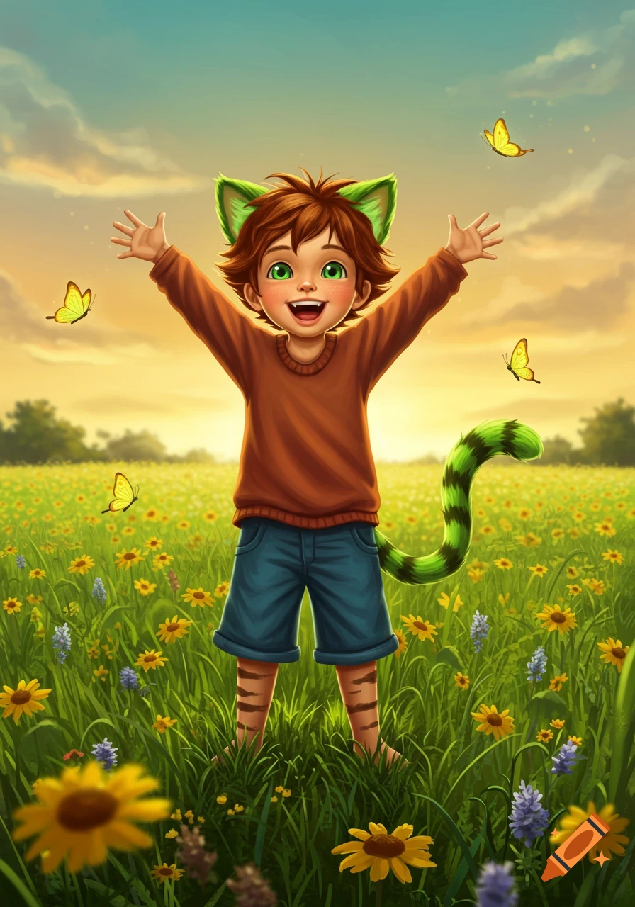 A joyful cartoon boy with green cat ears and a striped tail stands in a sunny field of yellow flowers with butterflies, arms raised.