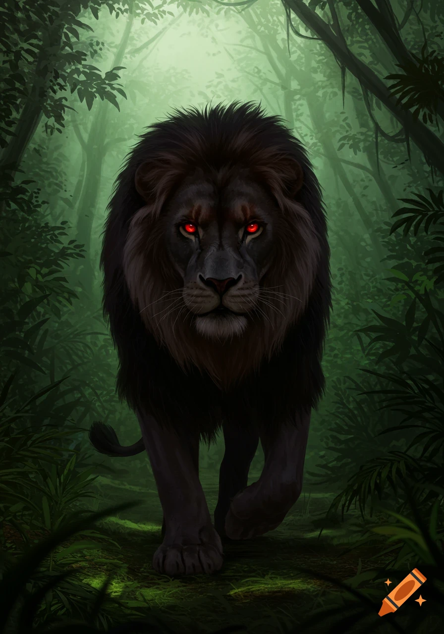 A hyperrealistic black-maned lion with piercing red eyes walks confidently through a dense, shadowy jungle.