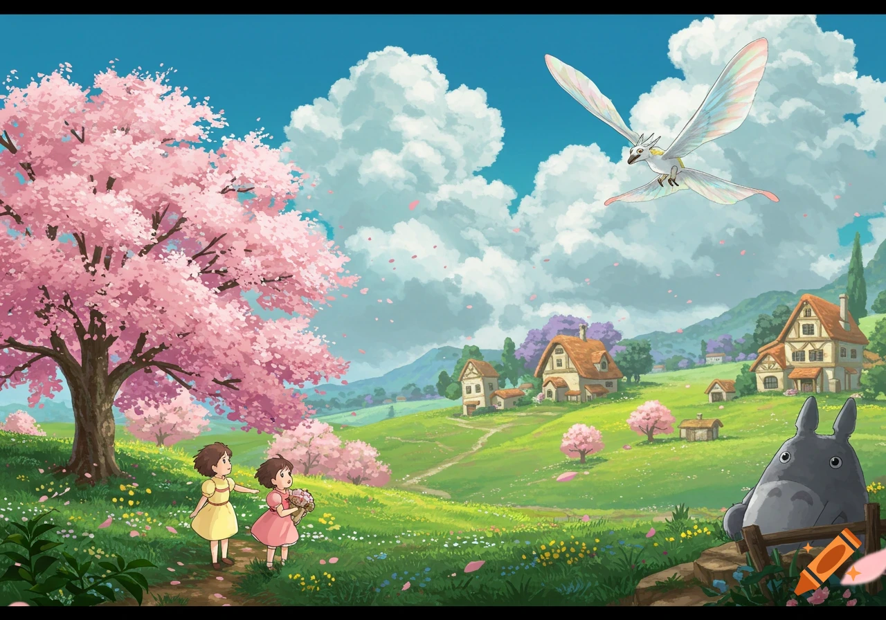 Two girls walk through a Ghibli-style spring landscape with cherry blossoms, a large grey creature, and a flying bird.