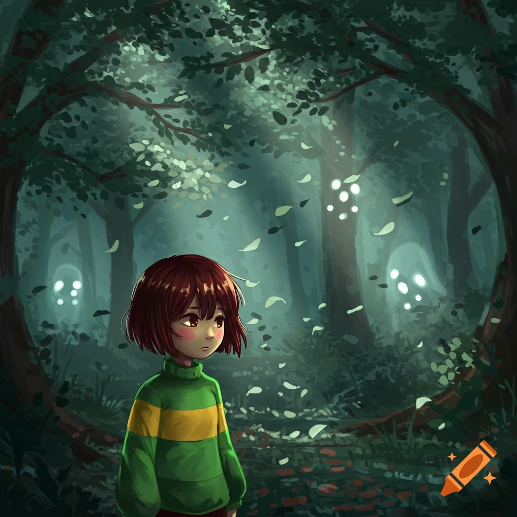 Anime illustration of Chara from Undertale standing in a dark, mystical forest with glowing lights and falling leaves.