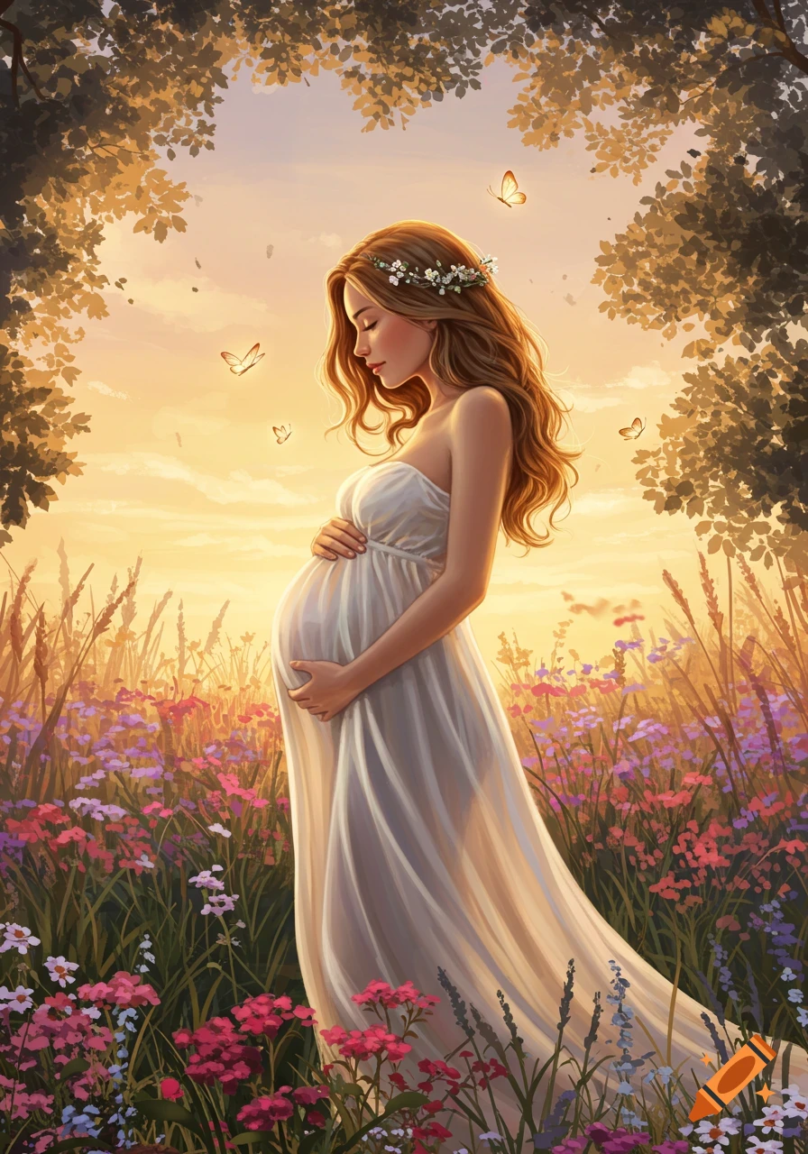 An illustrated pregnant woman in a white dress stands in a field of wildflowers at sunset, holding her belly.