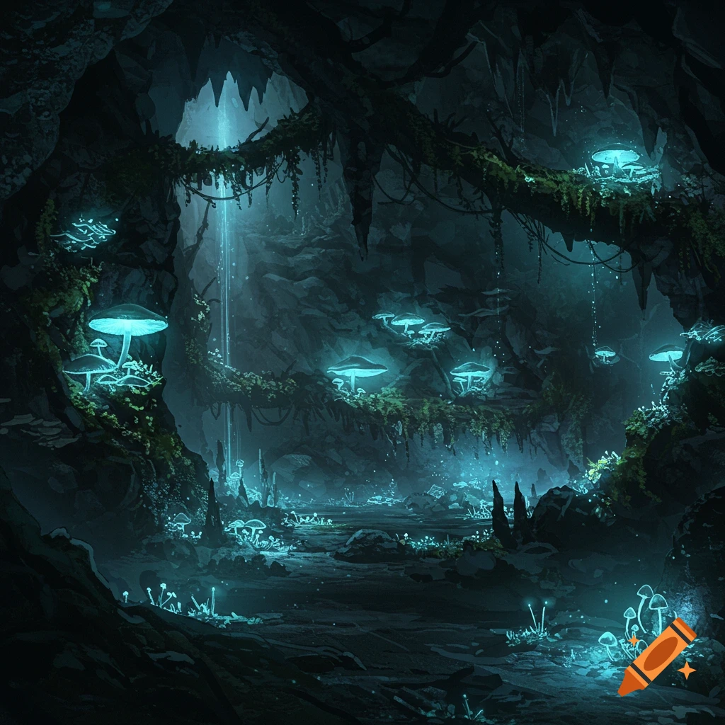 A dark fantasy underground cavern lit by glowing blue bioluminescent mushrooms and vines on cave walls, stalactites, and stalagmites.