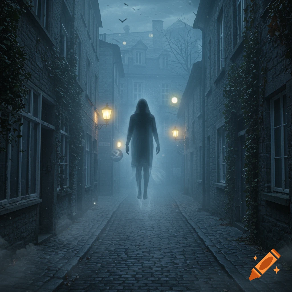 A ghostly figure hovers in a dark, foggy cobblestone alley with old buildings and glowing lanterns.