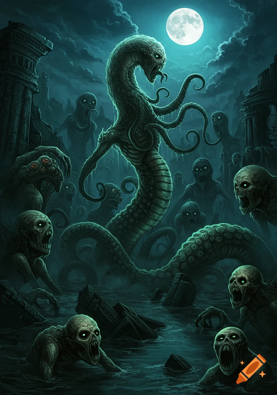 A large, tentacled sea monster looms over an army of glowing-eyed zombies in a murky, moonlit ruin, dark fantasy art.