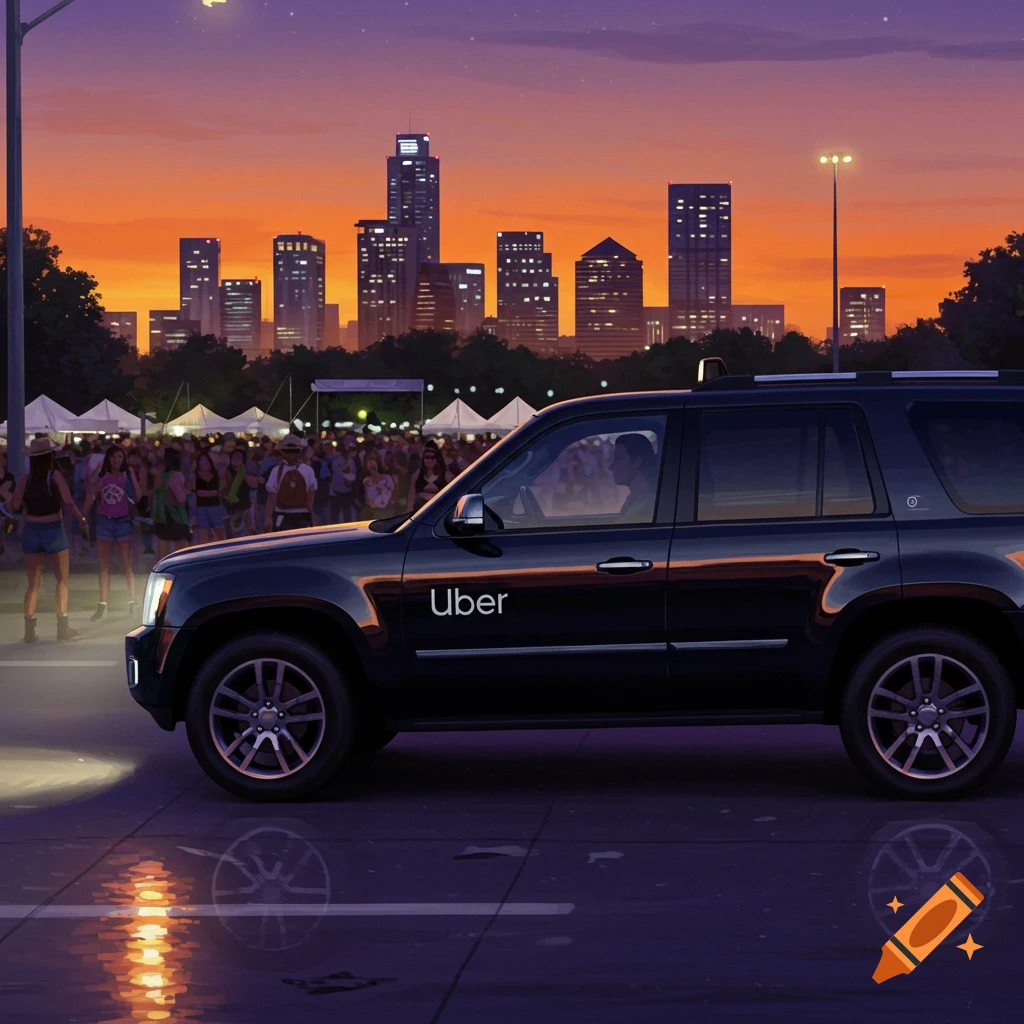 A black SUV with an Uber logo drives away from a crowded music festival with a city skyline at sunset.