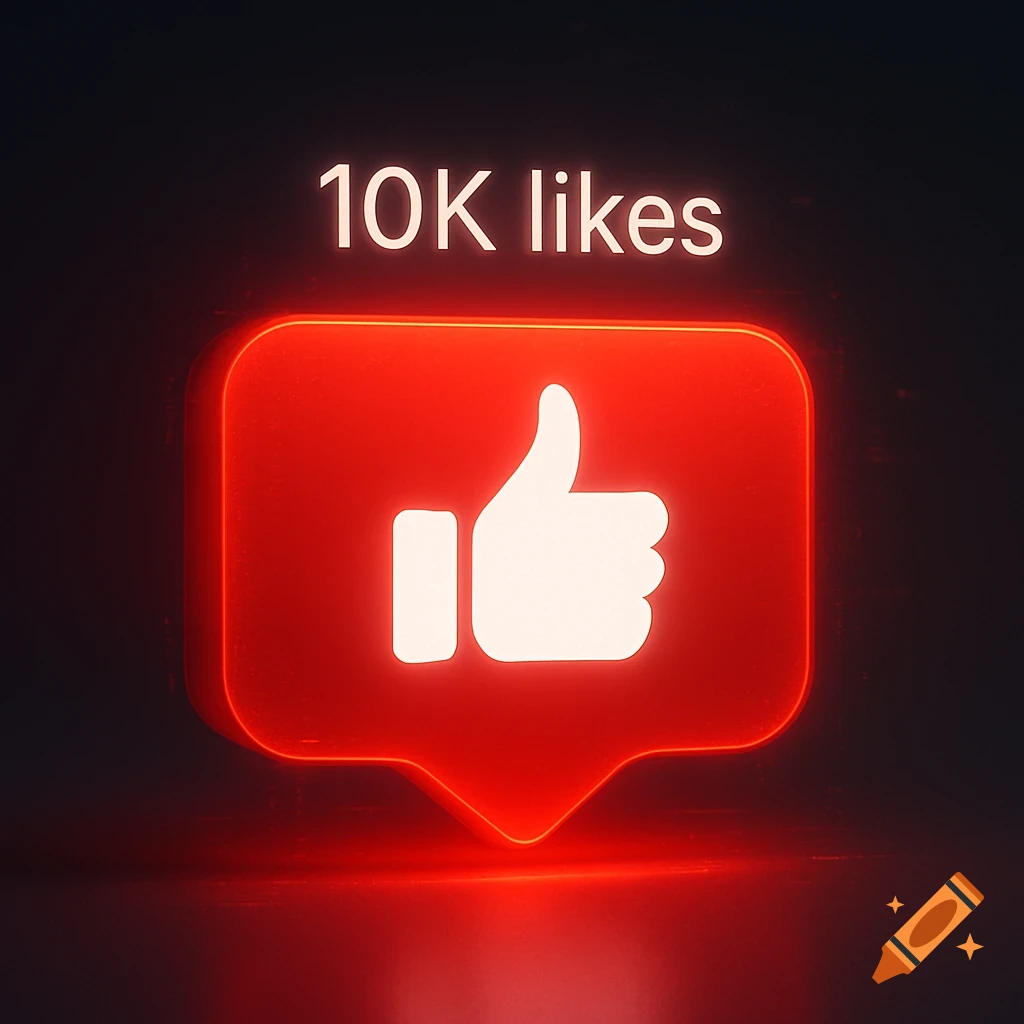 A glowing red 3D YouTube-style like button with a thumbs-up icon. Above it, the text "10K likes" is displayed in white, glowing letters against a dark background.
