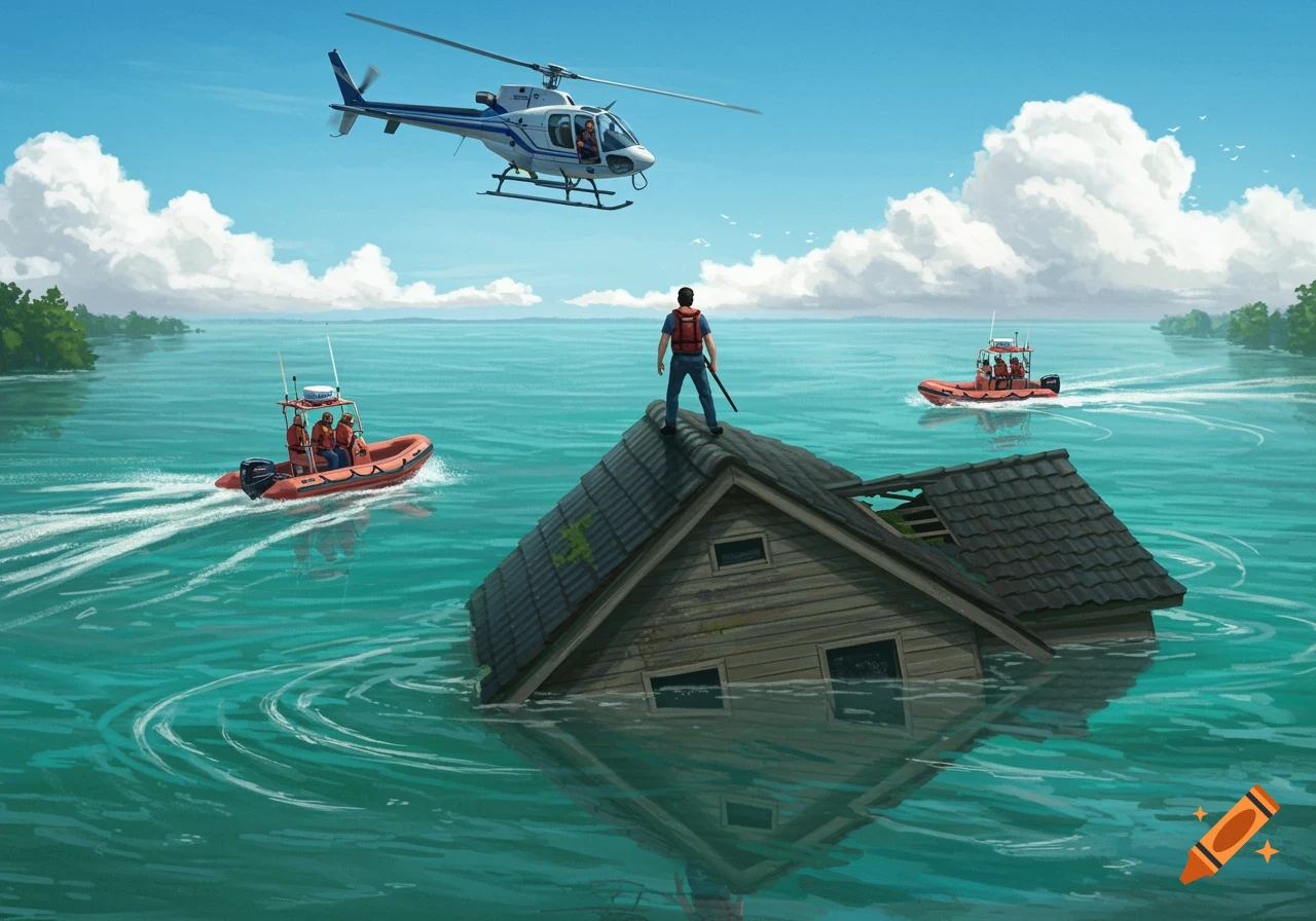 A man stands on the partially submerged roof of a house in a flood, while two rescue boats approach and a helicopter flies overhead under a blue sky.
