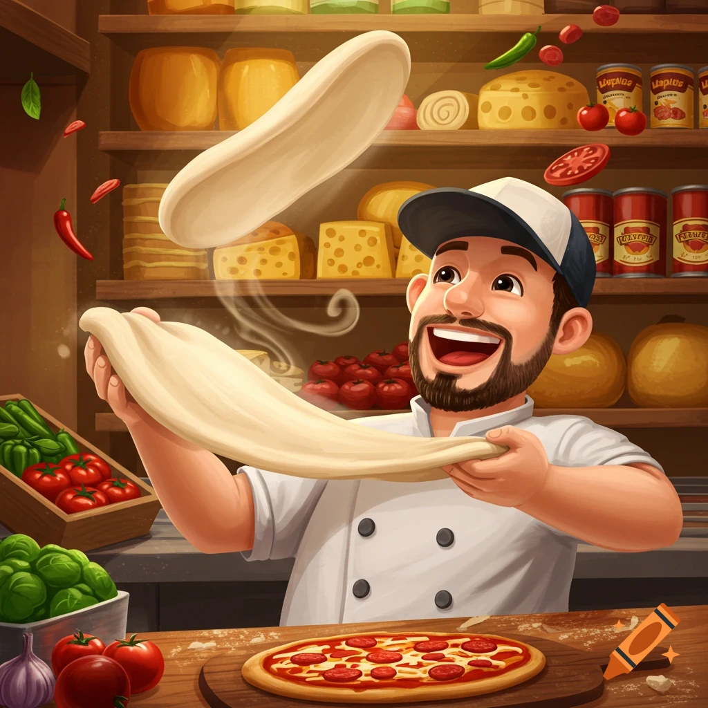 A cartoon chef with a beard and baseball cap happily stretches pizza dough in a kitchen, with a finished pepperoni pizza on a cutting board and ingredients on shelves in the background.