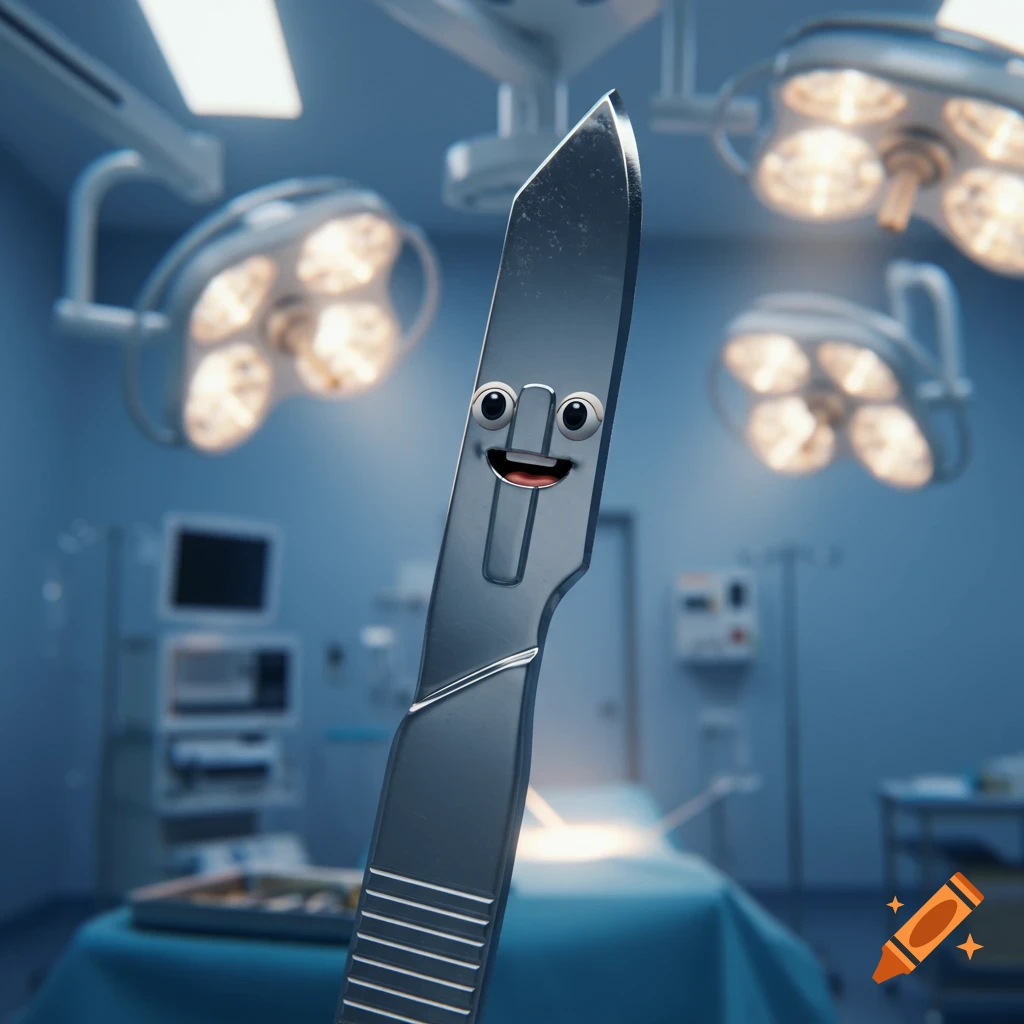 A happy, smiling cartoon scalpel with eyes and mouth in an operating room with blurred surgical lights.