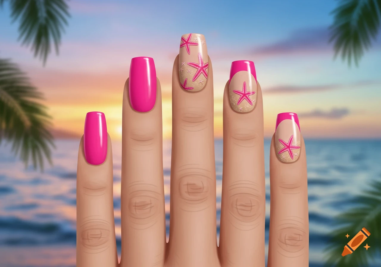 A stylized hand with manicured nails against a sunset beach backdrop. Some nails are solid hot pink, others feature pink starfish on a nude base.