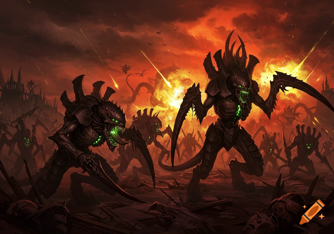 Several monstrous Tyranid aliens advance across a battlefield under a fiery red sky with explosions and meteors.