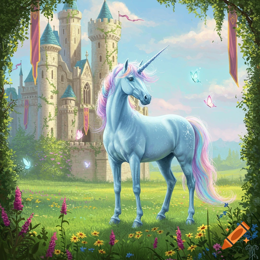 A majestic blue unicorn with a rainbow mane and tail stands in a field of wildflowers in front of a grand medieval castle under a blue sky.