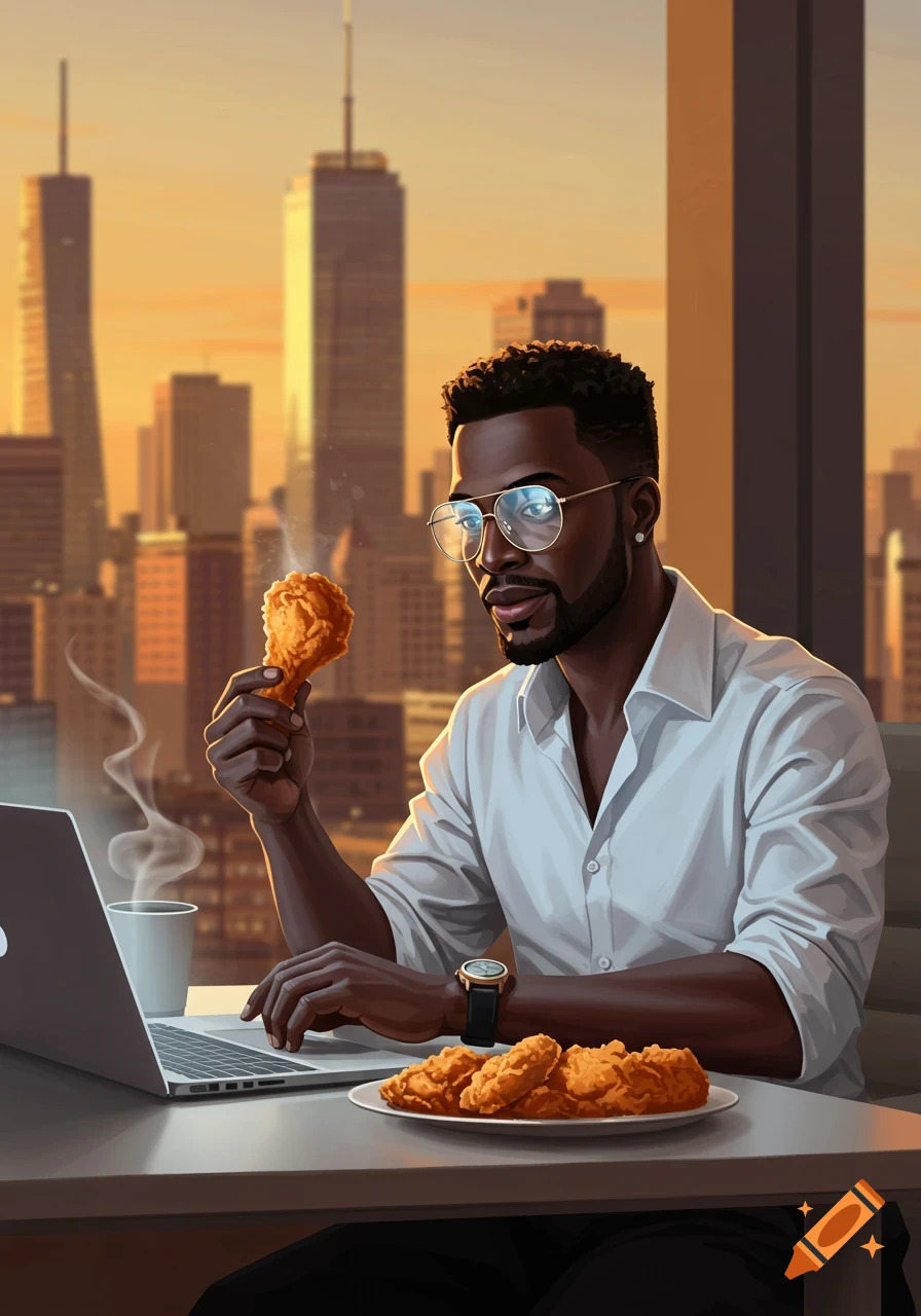 A Black man in a white shirt and glasses holds a fried chicken drumstick and types on a laptop, with a city skyline at sunset.