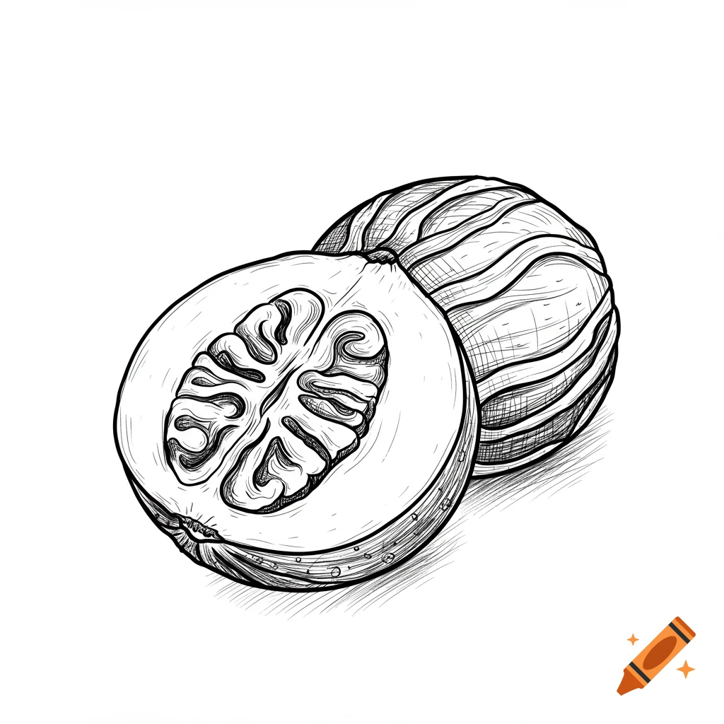 Black and white line art drawing of a whole nutmeg and a nutmeg cut in half.
