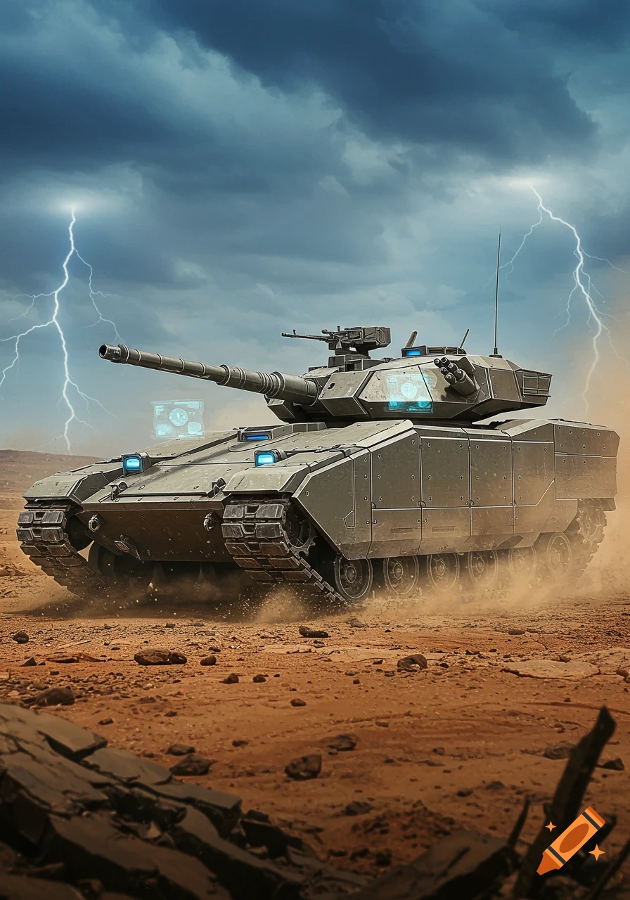 A photorealistic futuristic military tank drives through a dusty desert under a stormy sky with lightning.