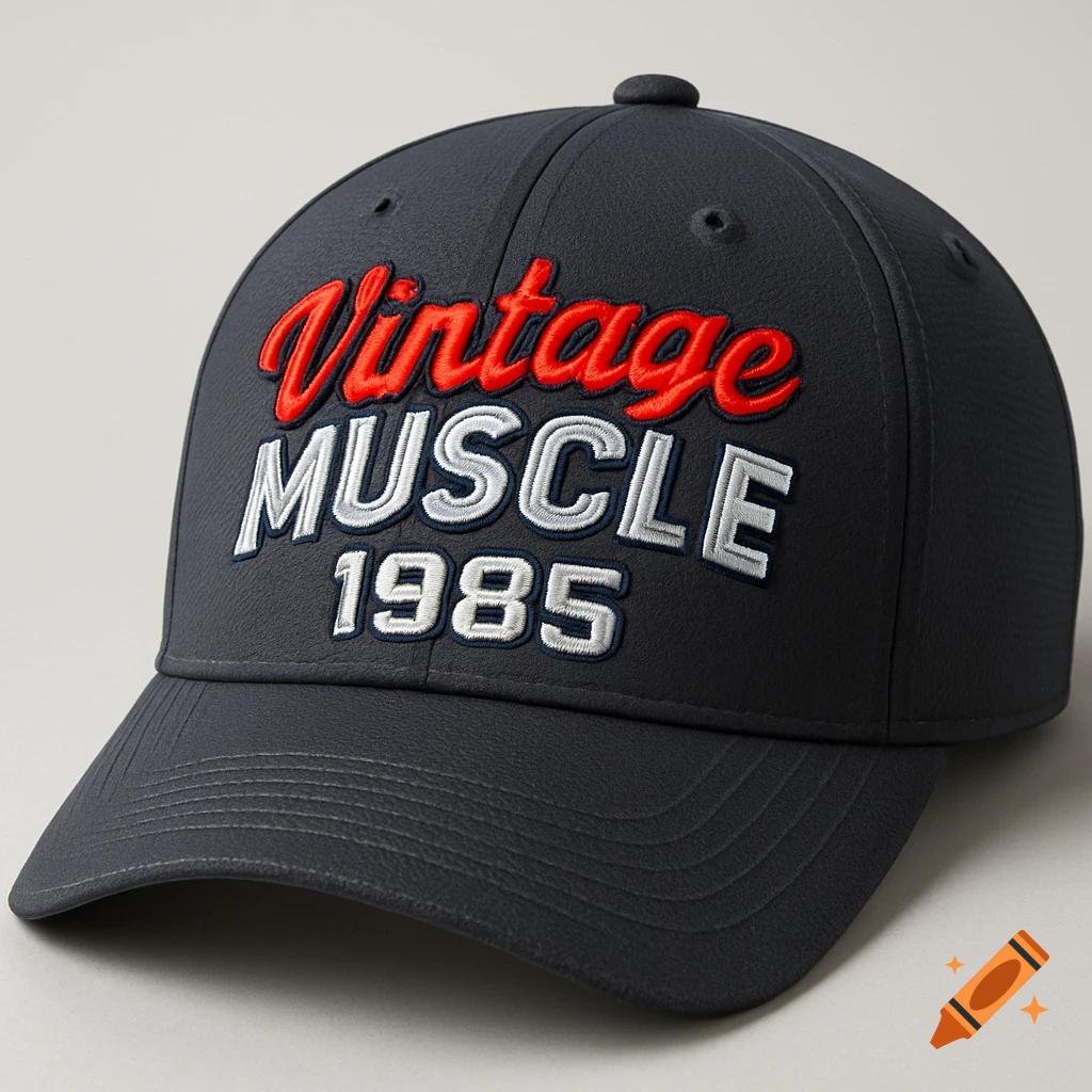 A dark grey baseball cap with embroidered red 'Vintage' and white 'MUSCLE 1985' text.