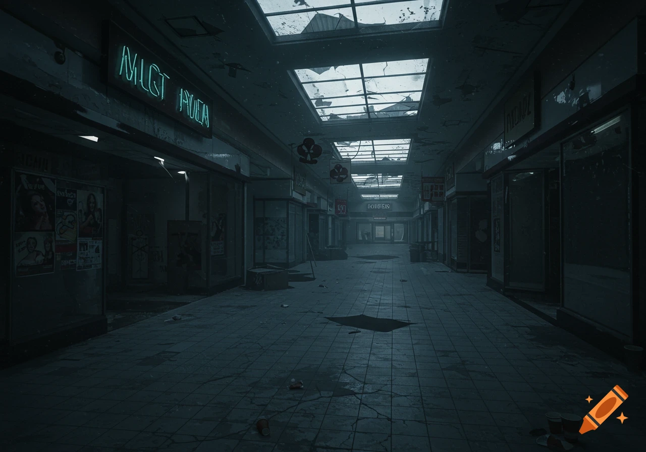 A dark and dilapidated abandoned mall interior with broken skylights, debris on the floor, and faint neon signs.
