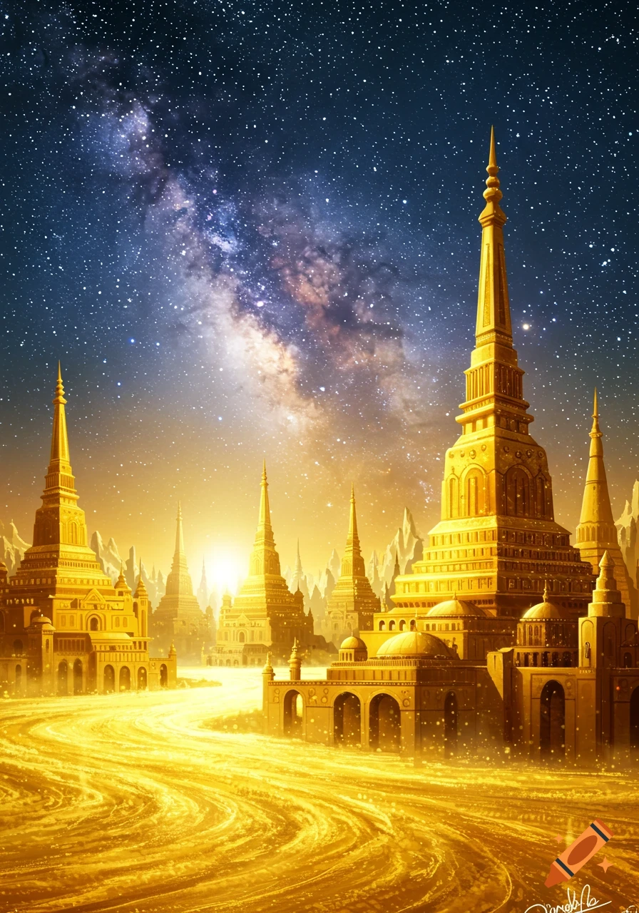 A majestic golden city with spired buildings under a vibrant night sky featuring the Milky Way galaxy.