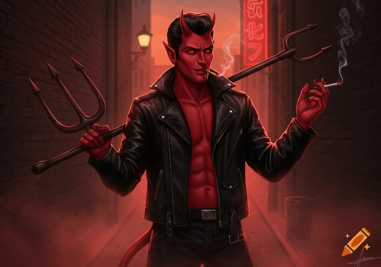 Stylized illustration of a red-skinned devil with a pompadour, leather jacket, pitchfork, and cigarette in a dark alley.