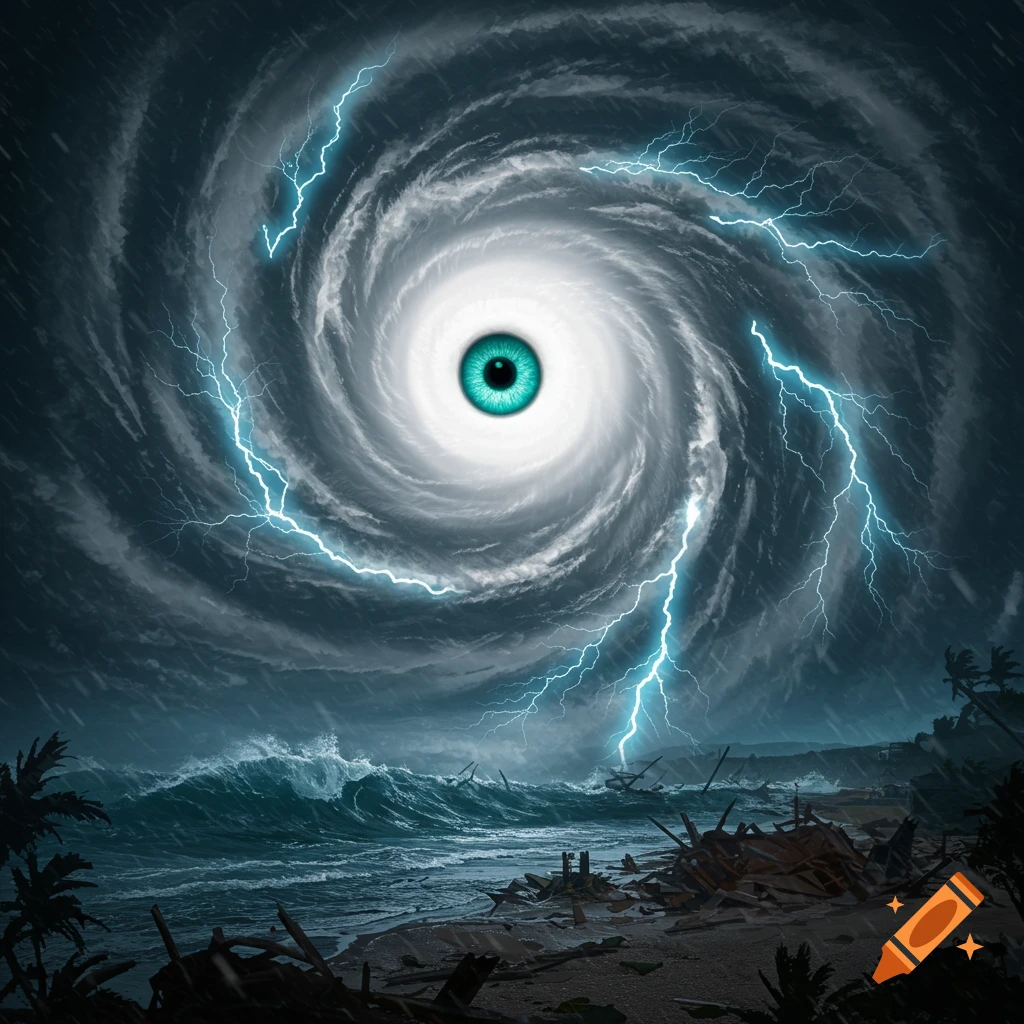 A powerful hurricane with a teal eye at its center, surrounded by lightning, looms over a storm-ravaged beach with crashing waves and debris.