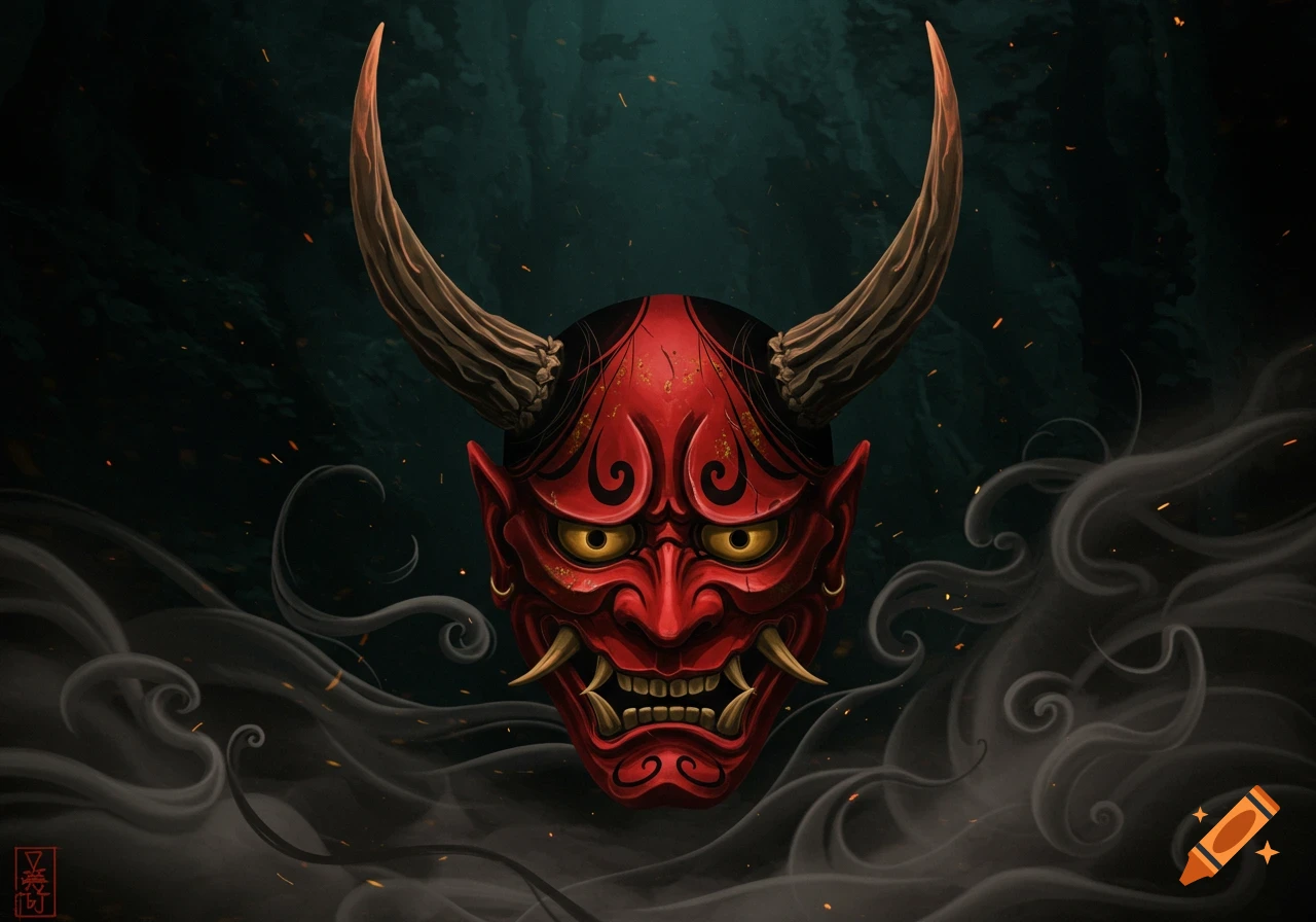 A detailed red Oni mask with long, dark horns and glowing yellow eyes emerges from dark smoke against a teal background.