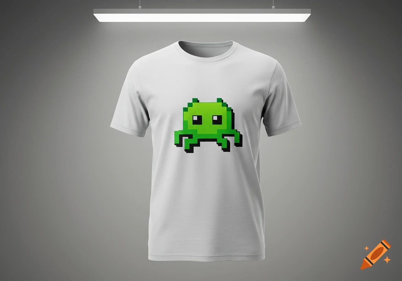 A white t-shirt featuring a green pixelated alien creature resembling a space invader, presented on a minimalist background.