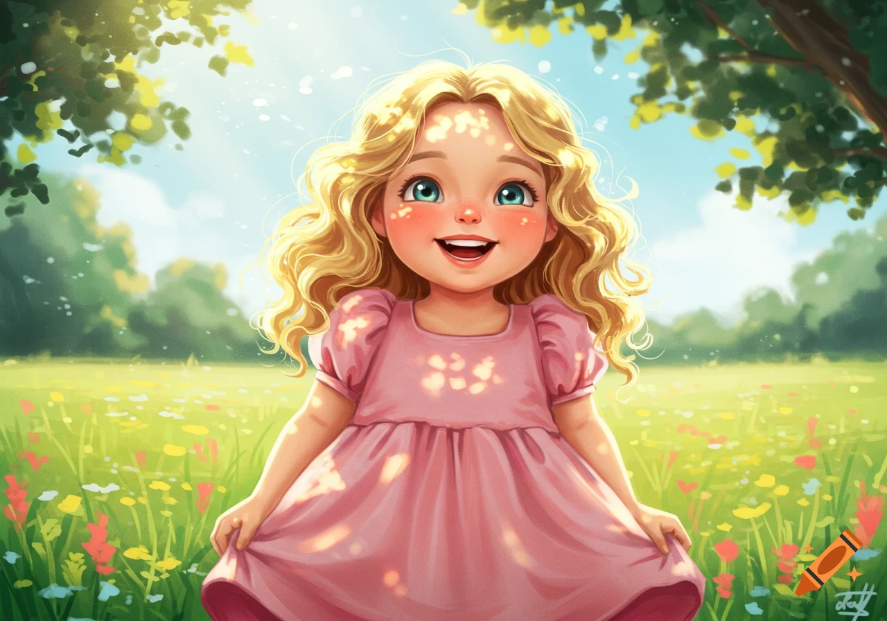 A smiling blonde girl with curly hair in a pink dress stands in a sunny field of wildflowers, bright illustration.