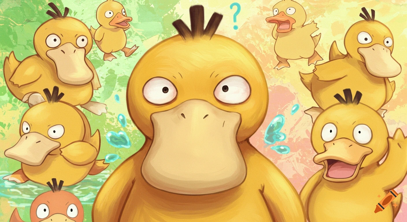 A vibrant illustration featuring multiple yellow Psyduck Pokemon with various expressions, centered around a large Psyduck with a blue question mark above its head.