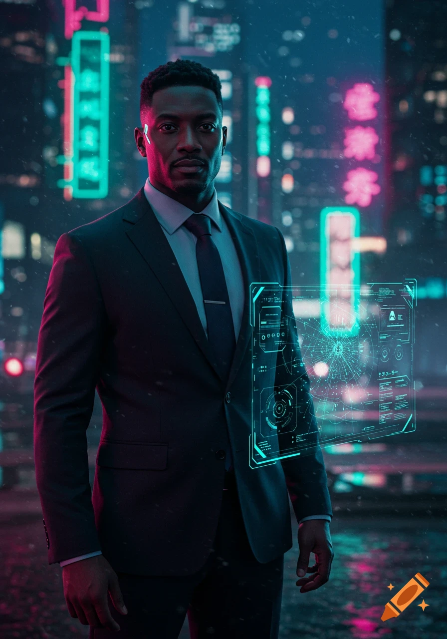 A Black man in a dark suit stands in a rainy, neon-lit cyberpunk city with a glowing blue holographic interface.