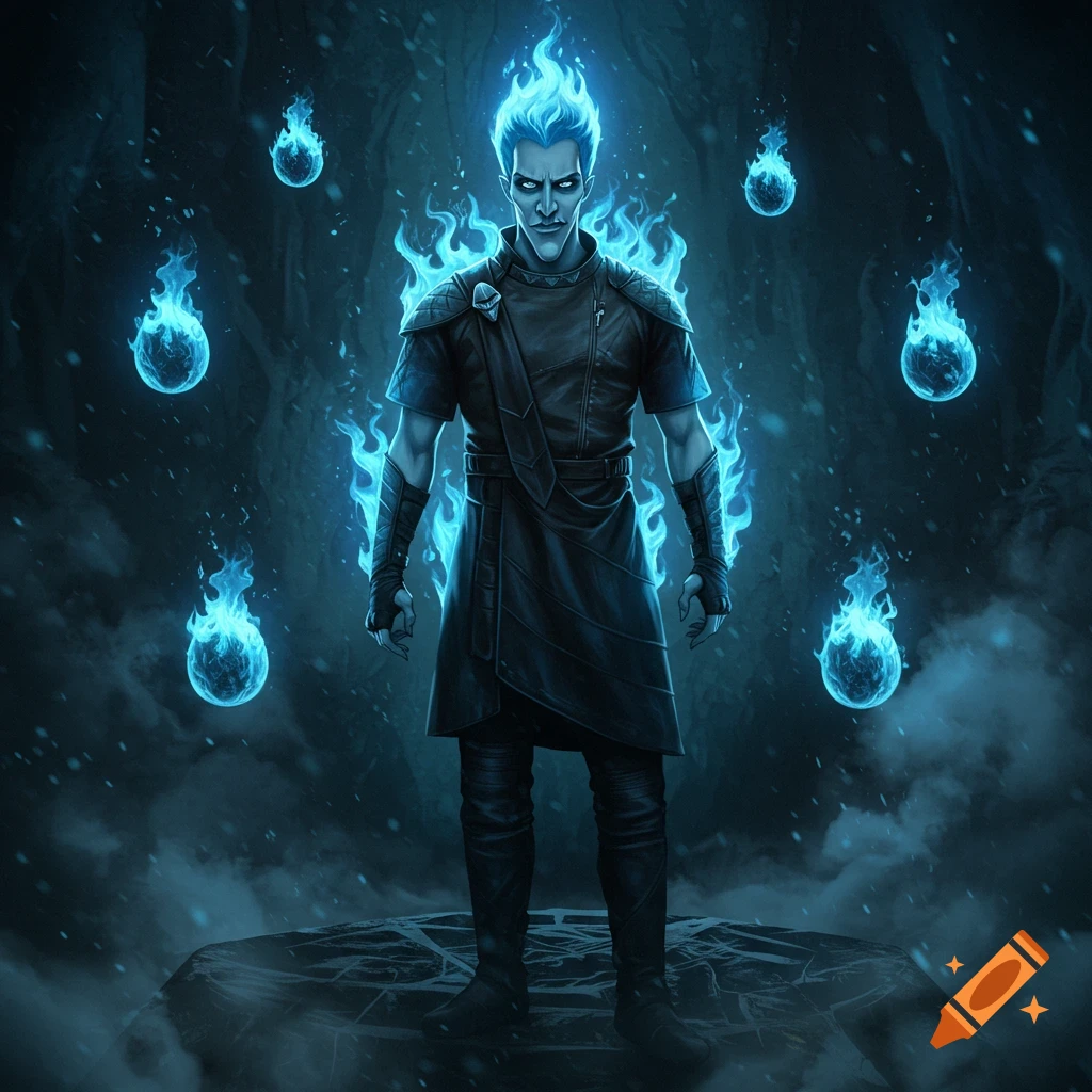 A pale man with blue flaming hair and arms stands in a dark cavern, surrounded by floating blue fire orbs, in a dark fantasy illustration.