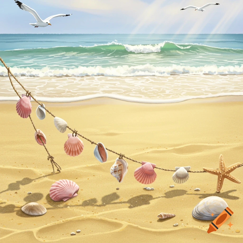 A beach scene with seashells strung on a rope, scattered shells on the sand, and seagulls flying over ocean waves.