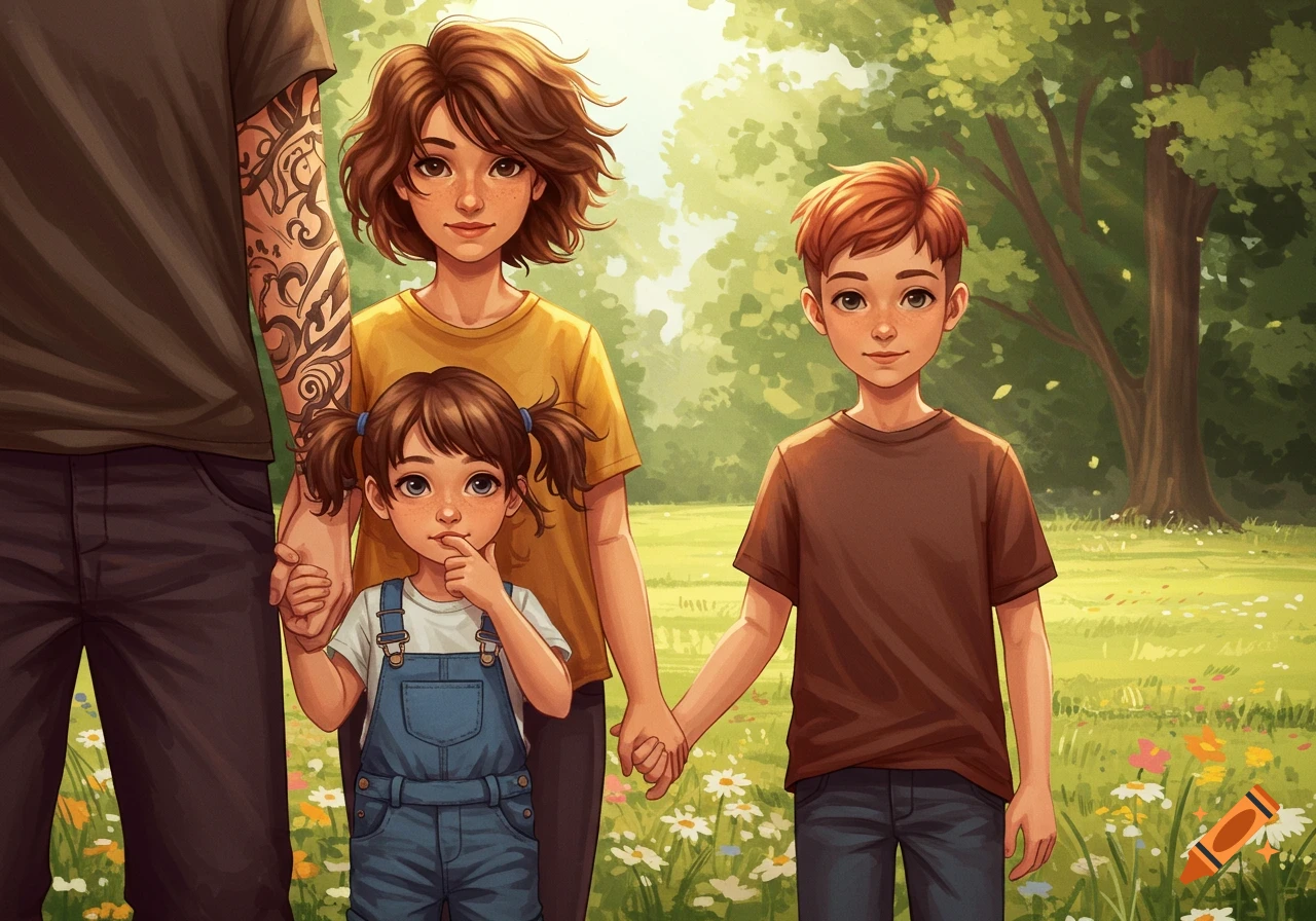 Illustrated family of four: a father with tattoos, mother, son, and daughter holding hands in a sunny meadow.