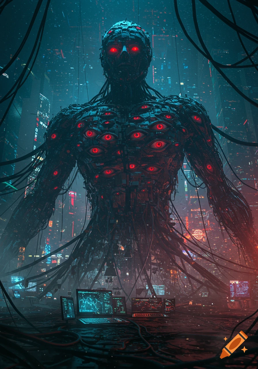 A towering, ominous figure covered in glowing red eyes and wires stands in a dark, dystopian cyberpunk city with computers in the foreground.
