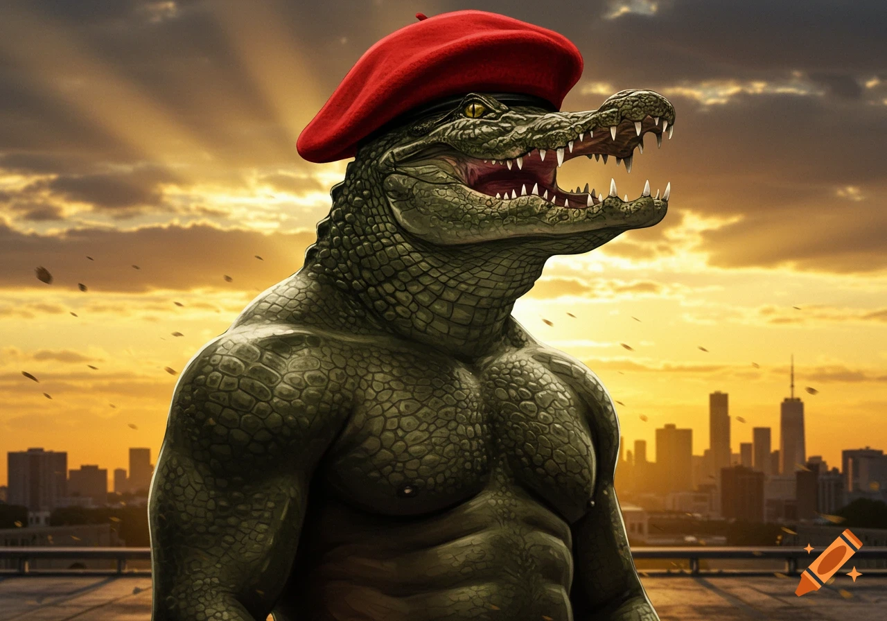 A muscular anthropomorphic alligator with a red beret stands on a rooftop overlooking a city at sunset.