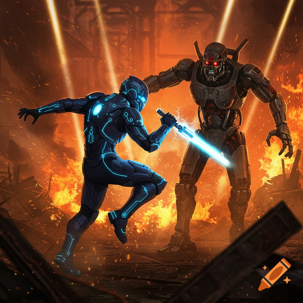 A futuristic warrior in a blue glowing suit battles a large, menacing dark robot with a glowing blue sword amidst a fiery, destroyed landscape.