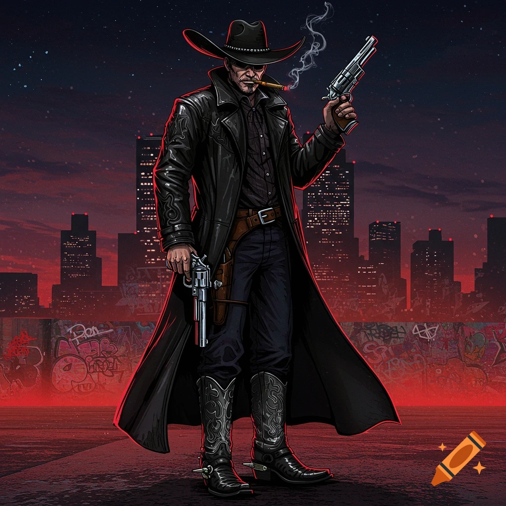 A graphic novel style cowboy in a trench coat and hat, holding two revolvers and smoking a cigar against a red city skyline.