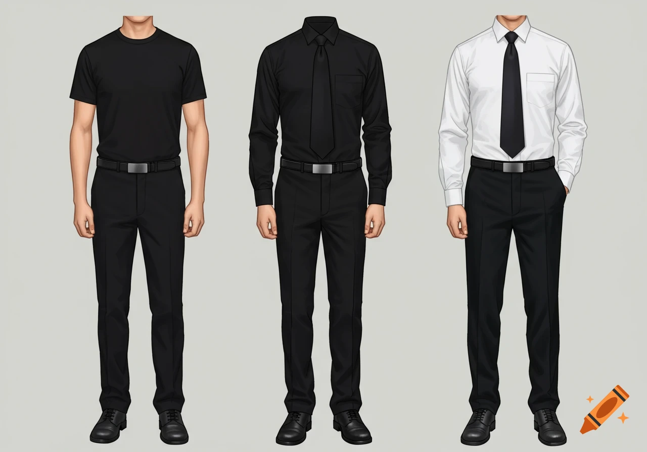 Three digital illustrations of professional men's uniforms: black t-shirt and pants, black shirt and tie with pants, and white shirt and black tie with pants.