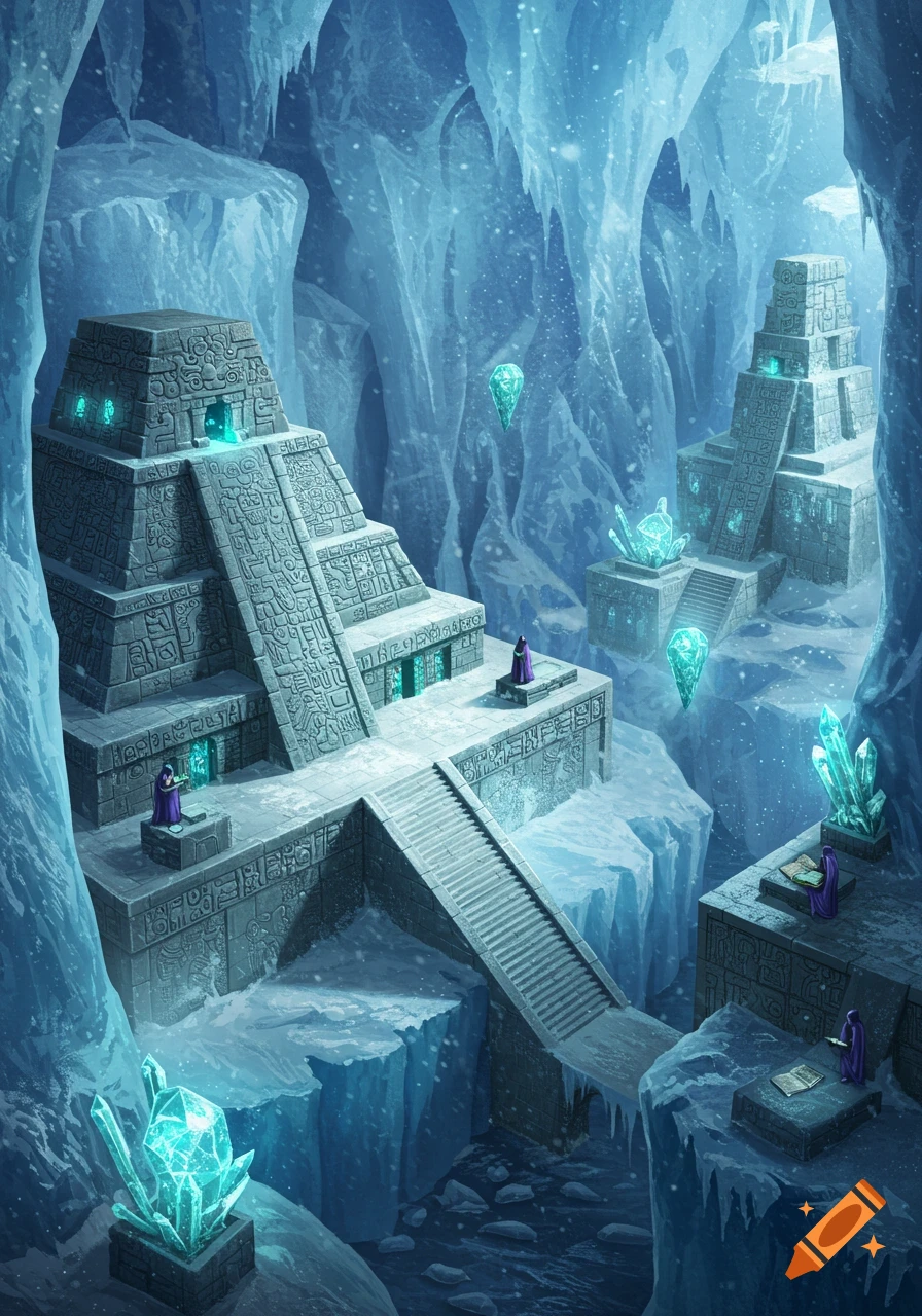 An ancient Aztec-like city complex carved into a massive ice cave, with glowing blue crystals and small robed figures.