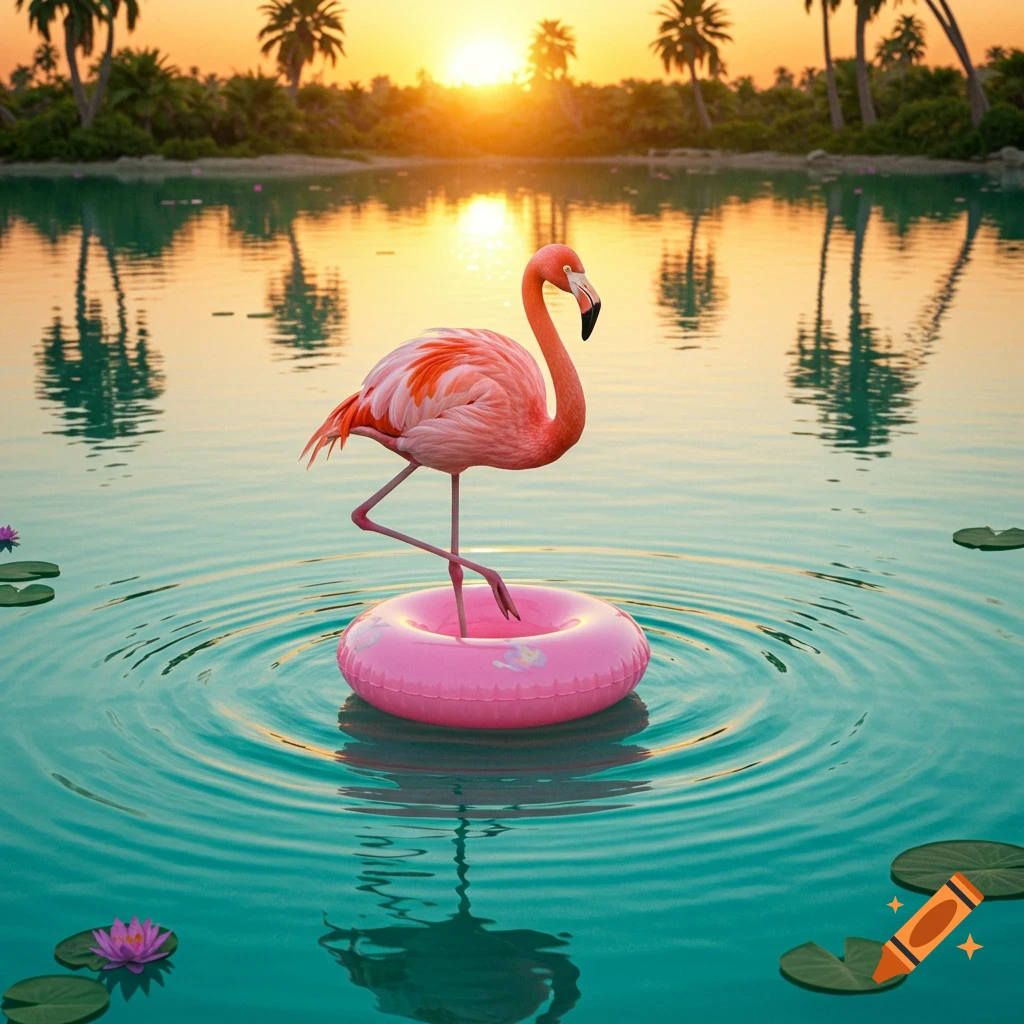 A pink flamingo stands in a pink inner tube in a calm blue lake with lily pads, under a golden sunset with palm trees.