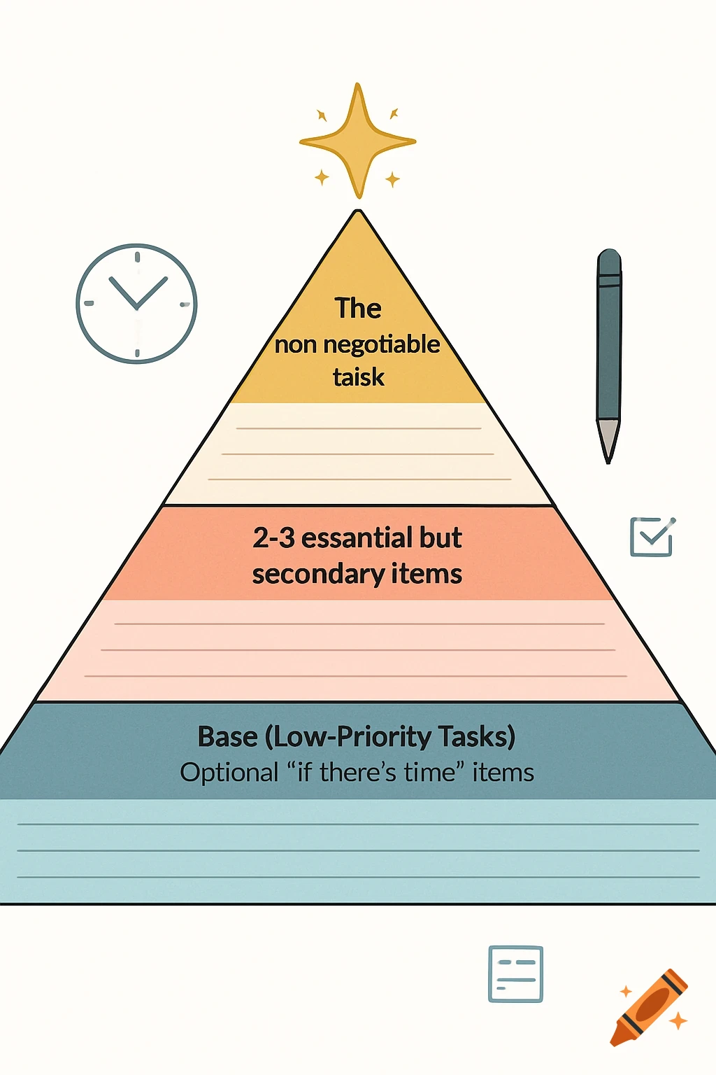 A colorful pyramid chart for task prioritization, divided into three sections: "The non negotiable taisk" at the top, "2-3 essantial but secondary items" in the middle, and "Base (Low-Priority Tasks) Optional "if there’s time" items" at the bottom. Around the pyramid are icons of a clock, a pen, a checkmark, and a checklist.